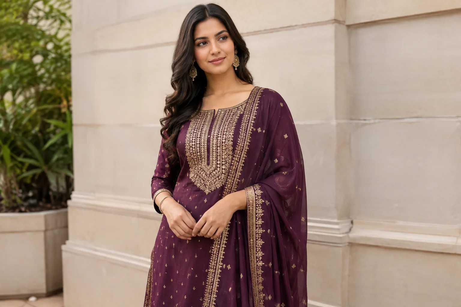 A woman in a purple traditional outfit with gold embroidery and a matching dupatta, standing against a light stone wall.