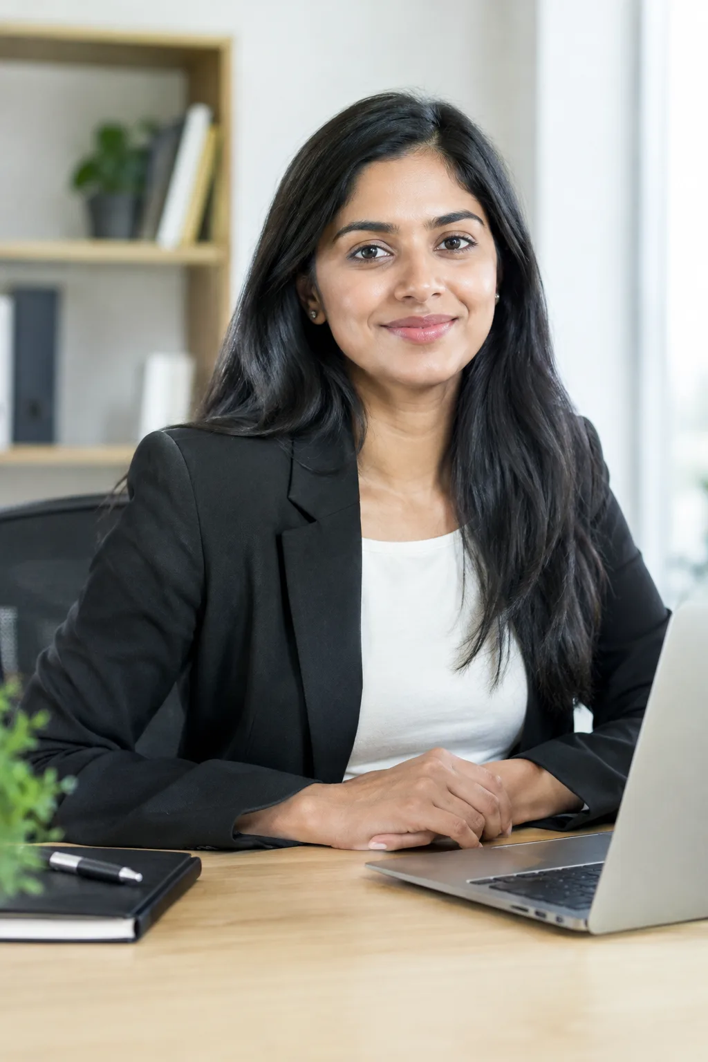 A smiling woman with long dark hair, wearing a black blazer over a white shirt, sits at a desk with a laptop and notebook.