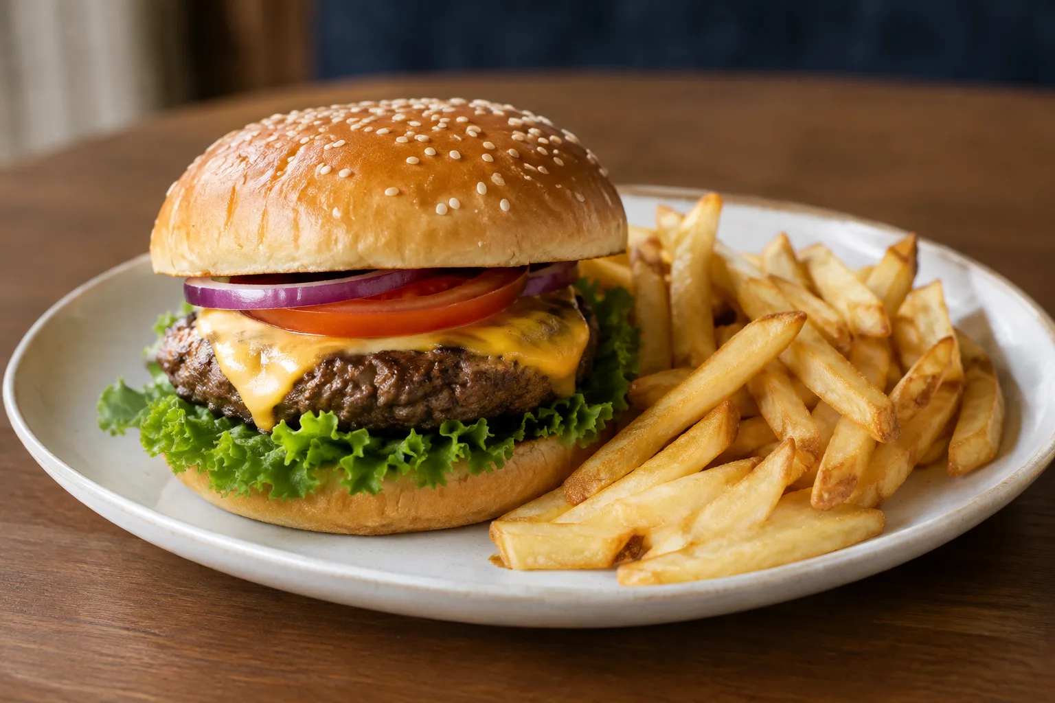 A cheeseburger with lettuce, tomato and red onion on a sesame bun served on a plate with golden French fries.